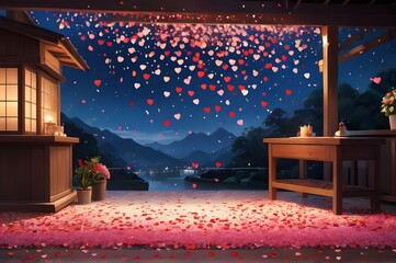 A festive scene of heart-shaped confetti gently falling