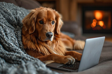 A dog at home with a laptop, lying on a sofa. Dog interacting with technology.