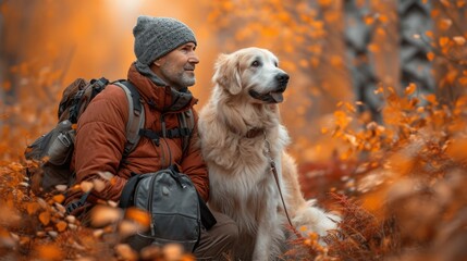 A tourist man traveling with a dog retriever. A dog assistant concept.
