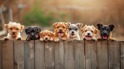 Happy cute puppies of different breeds peek out from behind a wooden fence