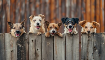 Mongrel dogs, displaying curiosity as they peek out together from behind a wooden fence - obrazy, fototapety, plakaty