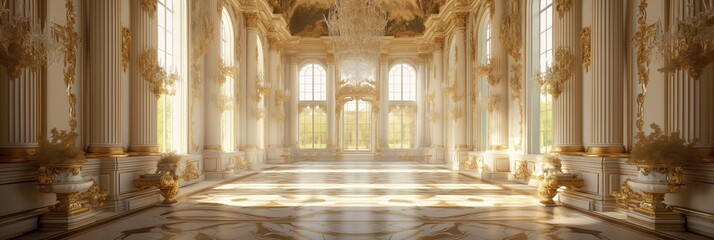A classic extravagant European interior Ballroom palace room with gold decorations with large windows and columns. Baroque style architecture.