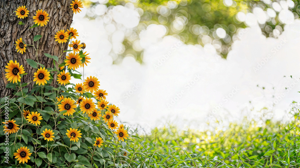 Wall mural big tree with sunflower and white background for place text and element