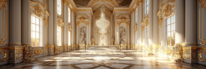 A classic extravagant European interior Ballroom palace room with gold decorations with large windows and columns. Baroque style architecture.