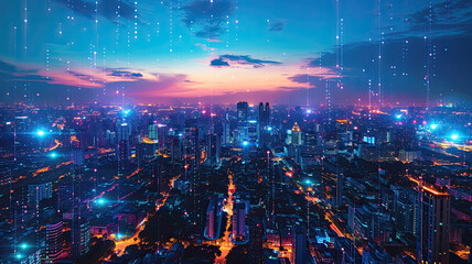 Night view of a modern cityscape overlaid with glowing digital network graphics symbolizing a smart city's connectivity
