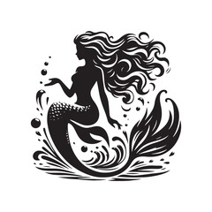 Tranquil Tides: Silhouetted Mermaids Gracefully Navigate the Ocean's Serenity in a Poetic Dance - Mermaid Silhouette - Sea Beauty Vector - Mermaid Illustration
