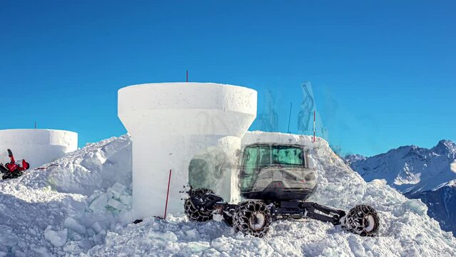 Building of wall hotel fortification wall made of condensed white snow using machinery time lapse