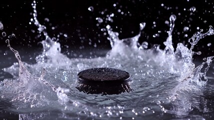 Professional Hockey puck Sports Equipment in water splashes on the black background. Horizontal Illustration. Sporting Gear Ai Generated Illustration with Active Game Hockey puck.