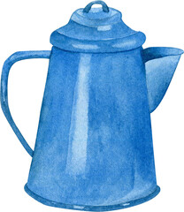 Watercolor illustration of a blue coffee pot on a white isolated background.