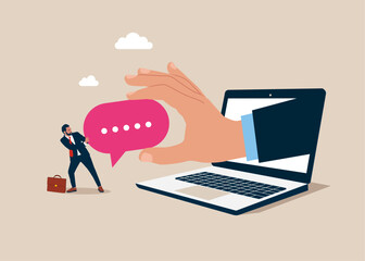 Communication. Corporate culture. Hand pulling a speech bubble tug of war with a businessman. Flat vector illustration                 - obrazy, fototapety, plakaty