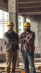 Portrait of two male construction worker on a building project, generative AI