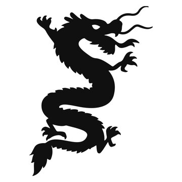 Dragon silhouette, Chinese zodiac, horoscope symbol, icon. Black oriental monster, magic fantasy legend animal shadow profile, side view. Flat graphic vector illustration isolated on white background