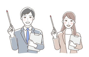 Business illustration of a man and a woman with a pointing stick.