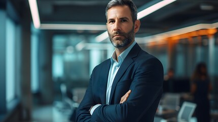 Portrait of a successful businessman posing against a modern futuristic meeting room background, generative AI