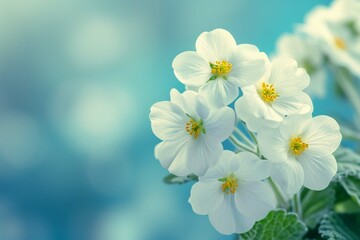 Spring forest white flowers primroses on a beautiful blue background macro. Blurred gentle sky-blue background. Floral nature background, free space for text. Romantic soft gentle artistic image.