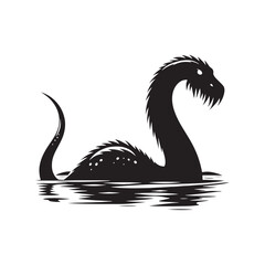 Submerged Enigma: Loch Ness Monster Silhouette Diving into the Depths of Aquatic Mystery - Loch Ness Monster Illustration - Sea Monster Vector
