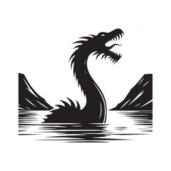 Whispering Depths: Loch Ness Monster Silhouette Series Unveiling Secrets of the Deep - Loch Ness Monster Illustration - Sea Monster Vector
