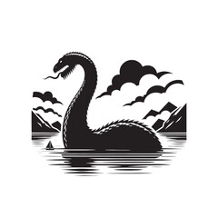 Enigmatic Waters: Loch Ness Monster Silhouette Conjuring Mysteries in the Shadows - Loch Ness Monster Illustration - Sea Monster Vector
