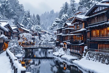 Wintertime in an ancient Ginzan Onsen village. Generative Ai.