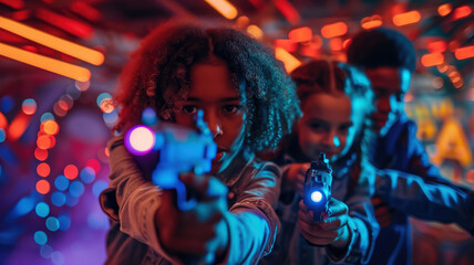 cheerful children playing laser tag, kids, shooting, laser gun, game, childhood, entertainment center, childhood, boy, girl, neon, sport, hobby, fun, party, birthday, people, portrait, weapon, war