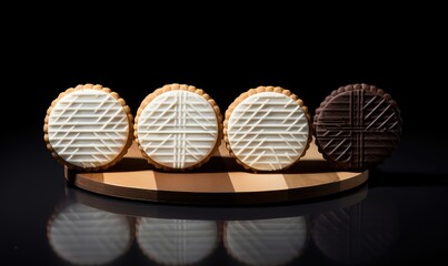 Rows of cookies with various flavors in the photo on a black background. generative AI