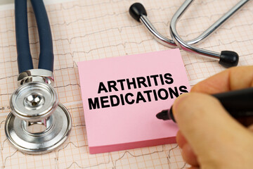 On the cardiograms there is a stethoscope and a sticker with the inscription - Arthritis medications