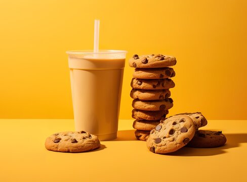 A stack of cookies is pictured next to a glass of milk in front of a yellow wall. generative AI