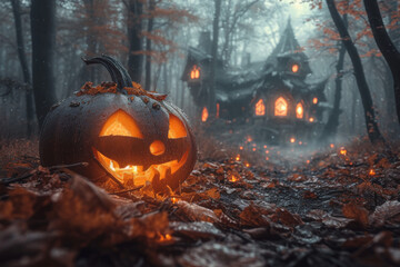 Jack-o-lantern sitting in front of a spooky mansion during halloween