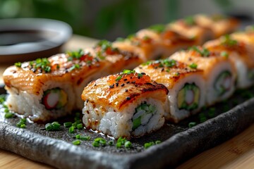 Philadelphia roll sushi with salmon, smoked eel, cucumber, avocado, cream cheese, red caviar. Sushi menu. Japanese food.