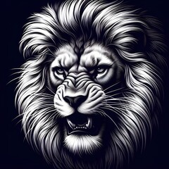 Close-up of the head of an aggressive lion ready to attack. Wild animal in monochrome style. Illustration for cover, card, postcard, interior design, banner, poster, brochure
