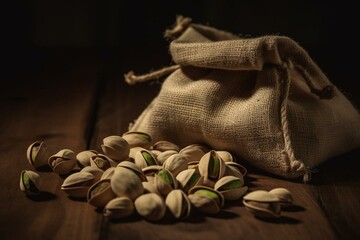 Fototapeta na wymiar A table with a small sack containing dried and salted pistachios. Generative AI