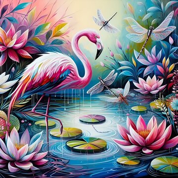 Beautiful magic garden with a lake, flamingos, colourful flowers and tropical plants art. Tropical background. Abstract animal concept.