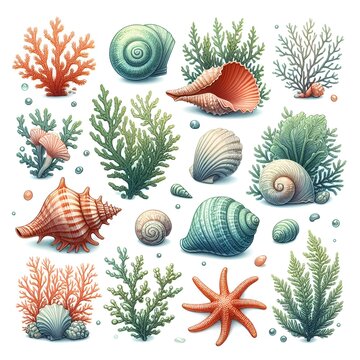 The framed corner is made up of shells, algae, corals, jellyfish, and seahorses. Creating watercolor images for postcards and posters Beach accessories
