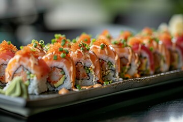 A dozen fusion sushi rolls served on an elegant platter