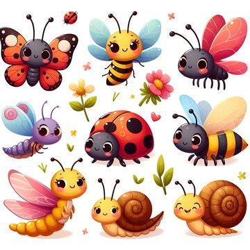 Cute insects set. Butterfly, ant, ladybug, bee, snail, grasshopper.  Illustration isolated on white background