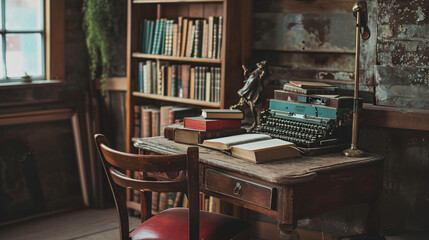 Classic Study Room with Vintage Typewriter, Books, and Antique Furniture