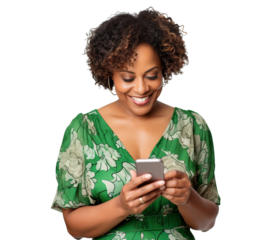 Happy African American woman using cell phone, cut out