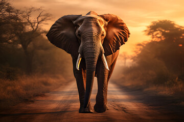 a elephant walking in a road with the Sun from behind