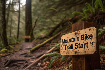 Wooden Sign with 'Mountain Bike Trail Start' Text in a Forest Environment