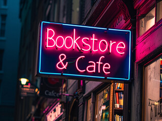 Neon Sign of Bookstore & Café at Night