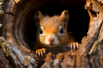  baby Squirrel cautiously peeks out of the hole in a wooden nesting box