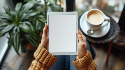 Top view mockup image of a business woman holding digital tablet with blank white desktop screen in cafe - obrazy, fototapety, plakaty