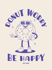 Fast food poster blue on beige. Retro groovy illustration with street food characters. Brochure with funky groovy burger, french fries, soda, ice cream, donut, pie, coffee to go. Fast food delivery