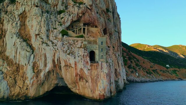 Drone shot revealing Porto Flavia loading terminal, Masua, South Sardinia, Italy