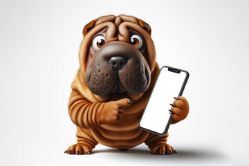 surprised Shar-Pei dog with bulging big eyes point on smartphone with white screen. ai generative - obrazy, fototapety, plakaty
