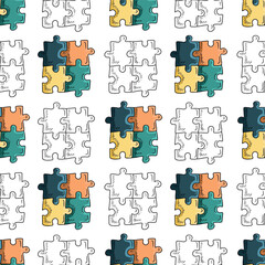 Naklejka premium Seamless pattern with four jigsaw puzzle on white background. Hand drawn vector sketch illustration in engraving doodle vintage line art style. children autism awareness day, team building, solution.