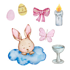 Watercolor set of cute baby angel bunny