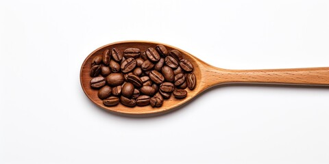 Obraz premium Coffee Seed Heap In Wooden Spoon On White Background. Top View Of Pile Roasted Coffee Beans. Fresh Natural Aroma Drink