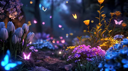 Papier Peint photo autocollant Blue nuit Enchanted Garden Delight: 3D Model Featuring Animated Butterflies, Fairies, and Magical Glowing Flowers, Creating a Whimsical Haven of Nature's Wonders and Ethereal Beauty