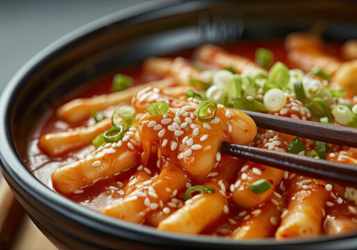 Closeup tteokbokki, spicy rice cakes bowl with green onions and chopsticks
